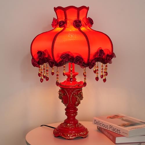 Lovely Table Lamp with Fabric Lampshade, Antique Flower Decorative Bedside Desk Lamp, Handmade Night Light for Bedroom Nightstand