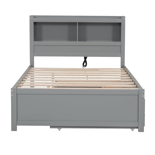 Full Size Storage Bed with Bookcase Headboard and Trundle, Wood Platform Bed Frame with Charging Station