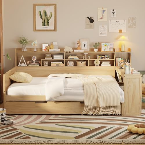 Corner Twin Bed Frame with Bookcase Storage and Desk, Wood Day Beds with 2 Drawers, Twin Size Daybed with Storage for Living Room