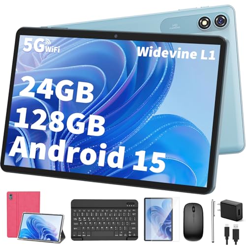 Android 15 Tablet with Keyboard, 26GB+256GB(2TB Expand), 10.1 Inch Tablet 8000 mAh Battery, BT 5.0, 5G WiFi, Widevine L1, Dual Camera
