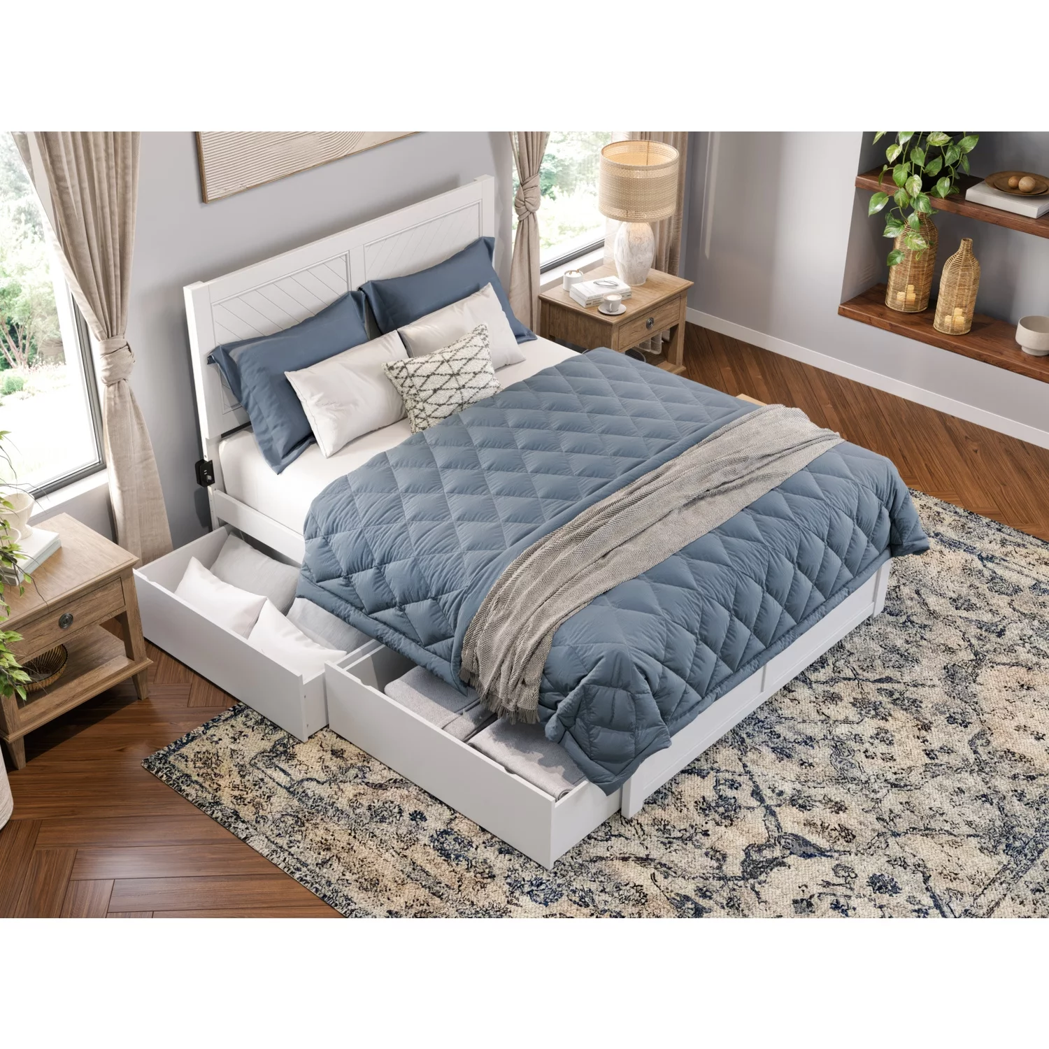 AFI Canyon Wood King Size Platform Bed with 2 Storage Drawers in White
