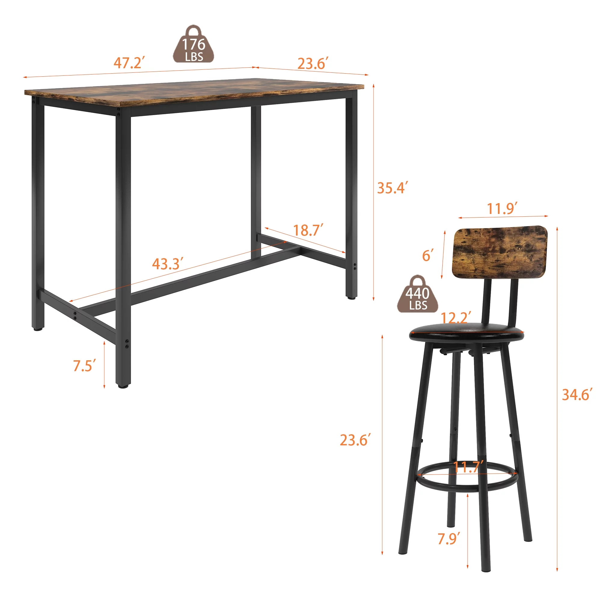 Paproos 5 Piece Dining Table Set, Bar Height Kitchen Table and Upholstered Stools with Backrest, Wooden Table Top and Metal Frame
