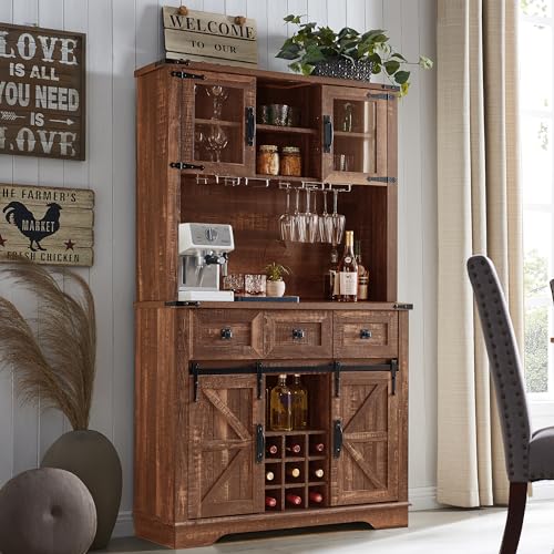OKD 72" Farmhosue Bar Cabinet with Sliding Barn Door, Large Kitchen Buffet with Hutch w/Wine & Glasses Rack, 3 Drawers, 12 Storage Shelves