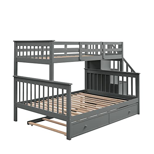 Ball & Cast Full Over Full Bunk Bed with Twin Size Trundle and Built in 4 Drawer,Wood Bunkbed w/Storage Ladder & Slat Support