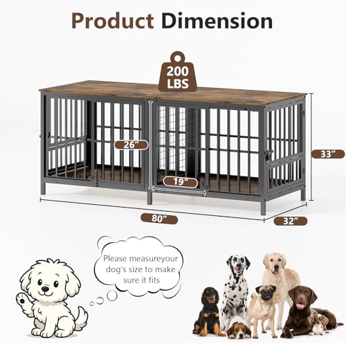 Extra Large 80" Dog Crate Furniture for 2 Dogs, Double Dog Crates for Large Dogs with 2 Dog Bowl, Wooden Pet Cage with Removable Divider