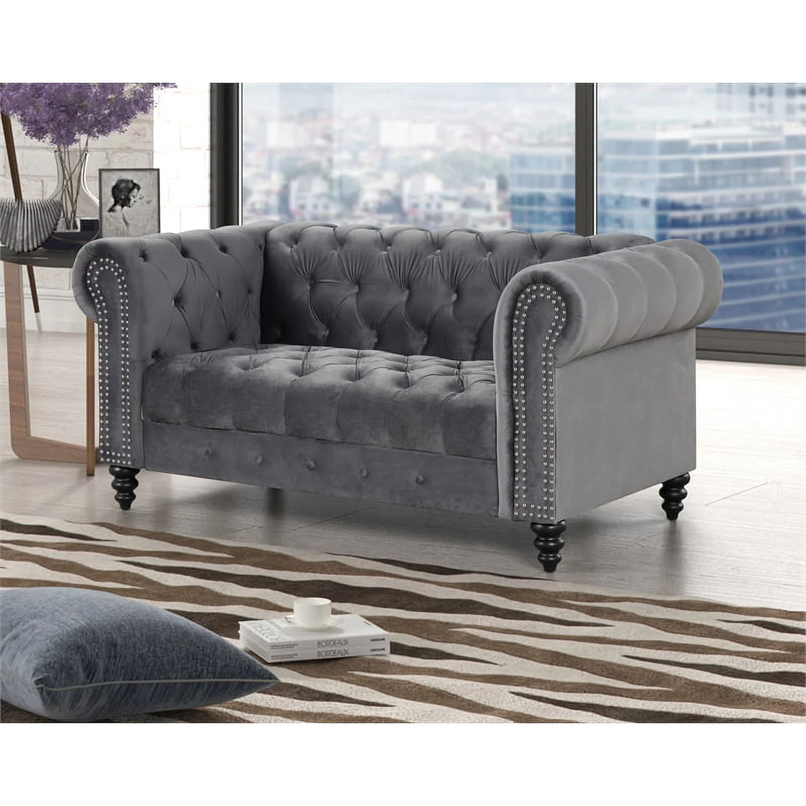 RN Furnishings Chesterfield  68" Button Tufted Velvet Fabric Loveseat-Gray
