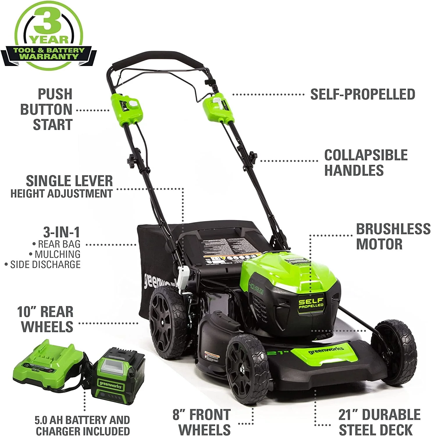 Greenworks 40V 21 Brushless Self-Propelled Lawn Mower with 5.0 Ah Battery and Charger