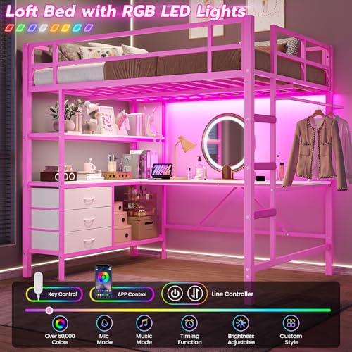 DICTAC Loft Bed Full Size with L-Shaped Desk and Charging Station Full Metal Bed Frame with LED Lights,Open Shelves and 3 Fabric Storage Drawers