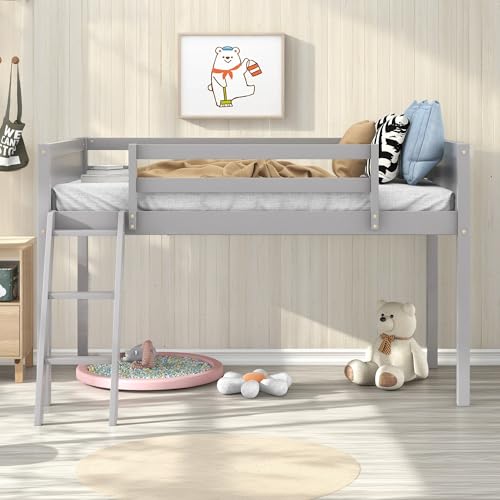 Full Size Loft Bed with L-Shaped Desk, Wardrobe and Storage Shelves, Solid Wood Bedframe w/Safety Guardrails & Ladder for Kids Teens Adults