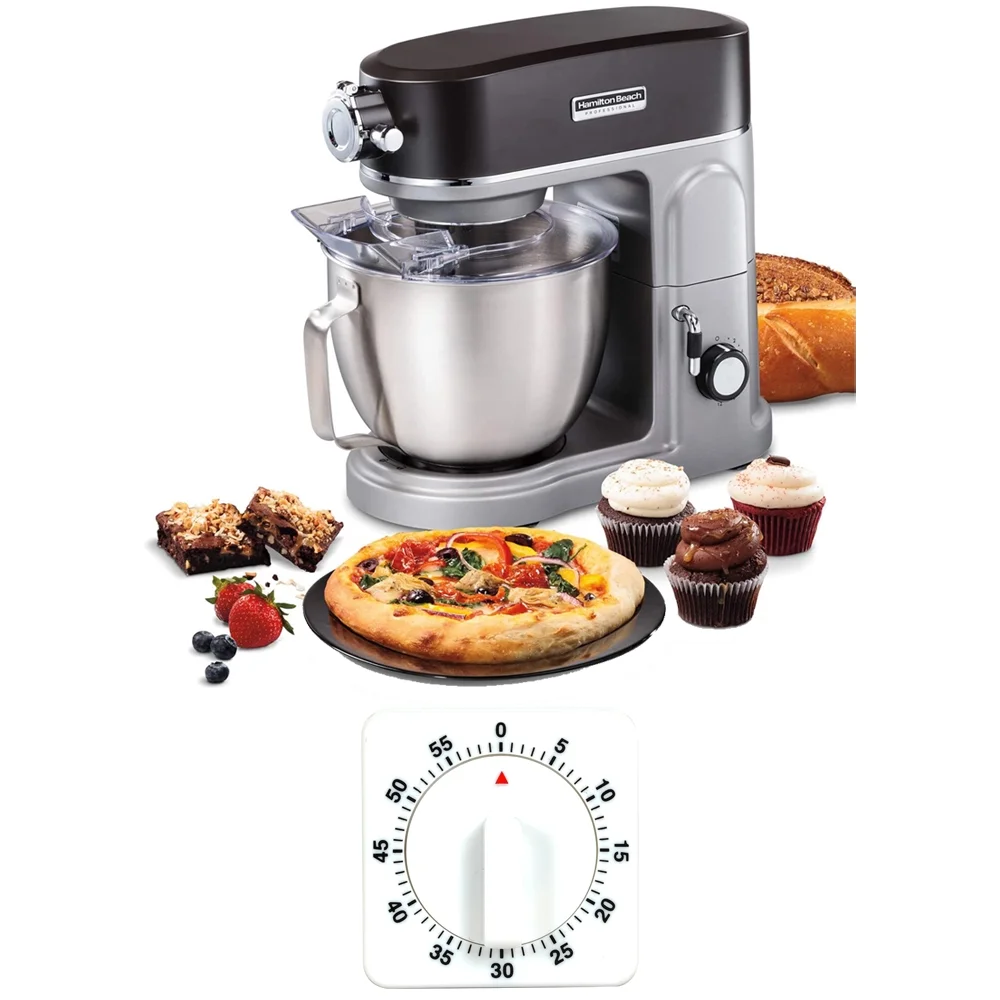 Hamilton Beach 63240 Professional Stand Mixer, 5 Quart, Specialty Attachment Hub - Grey Bundle with Deco Essentials Mechanical 60 Minute Kitchen Timer