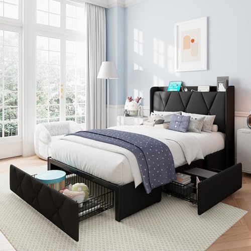 iPormis Queen Bed Frame with 4 Storage Drawers, Upholstered Platform Bed Frame with Charging Station, Modern Wingback Storage Headboard
