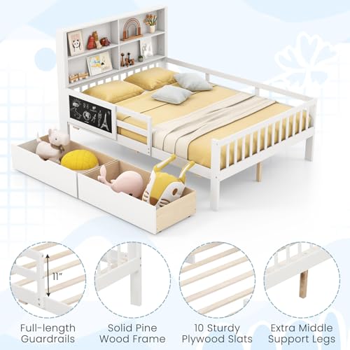 Giantex Full Bed with 2 Storage Drawers, Solid Wood Kids Bed Frame w/Bookcase Headboard & Blackboard, Full-Length Guardrails & Wooden Slats Support