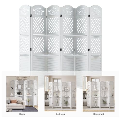 Room Divider with Shelves, 5.75ft Tall Folding Wood Carved Screen with Double Hinges for Home Office Bedroom Hotel Decoration (6 Panels, Natural)