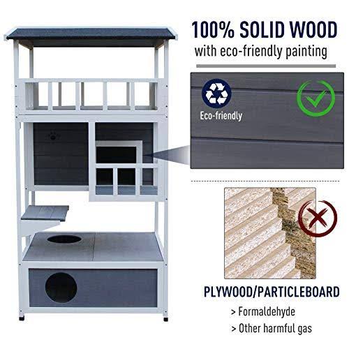 Pawhut Outdoor Solid Wood 4-Floor Cat Condo Pet Villa with Litter Box Space - Gray