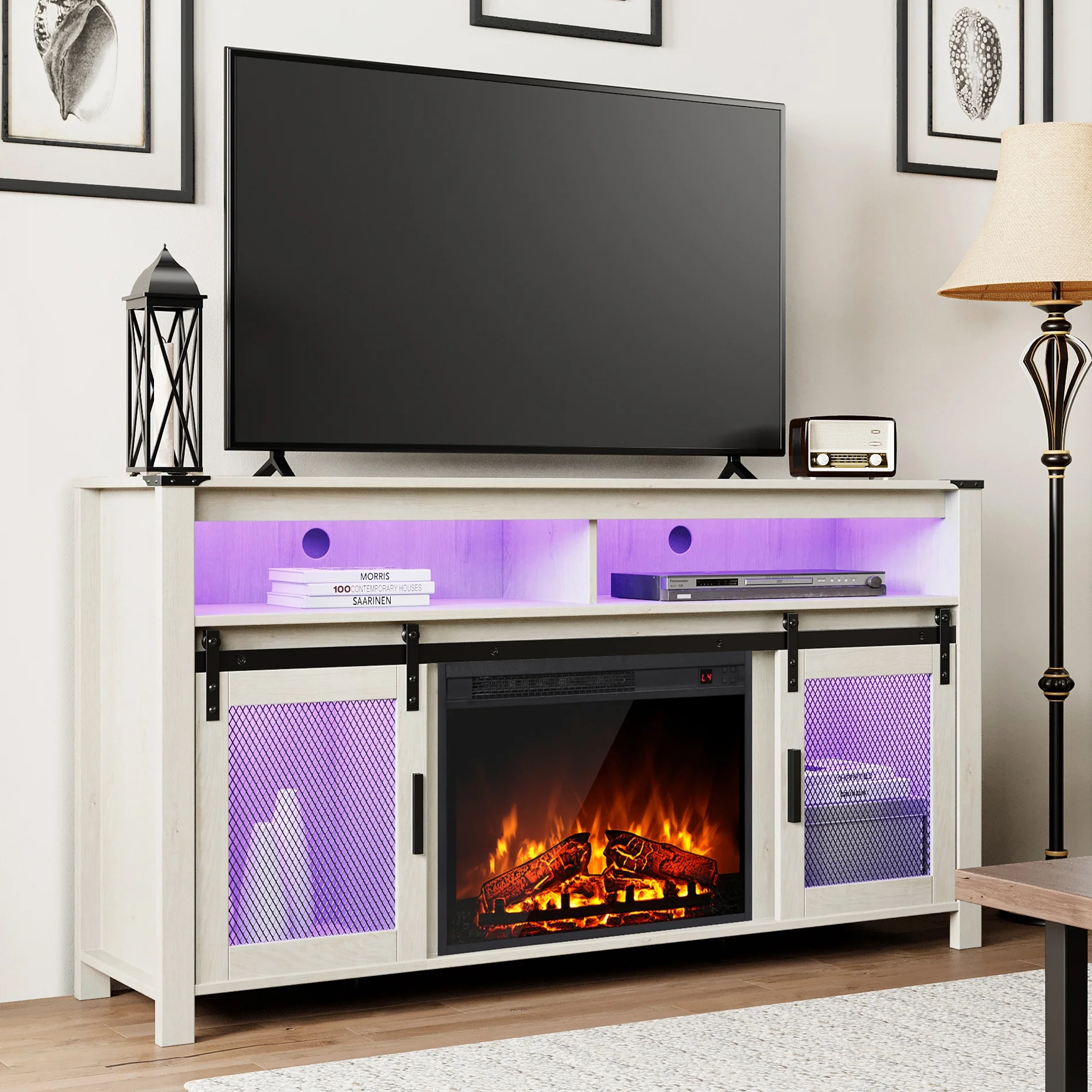 WAMPAT Farmhouse Fireplace TV Stand for 65+ Inch TV, Highboy Entertainment Center with 23" Electric Fireplace & Mesh Barn Doors