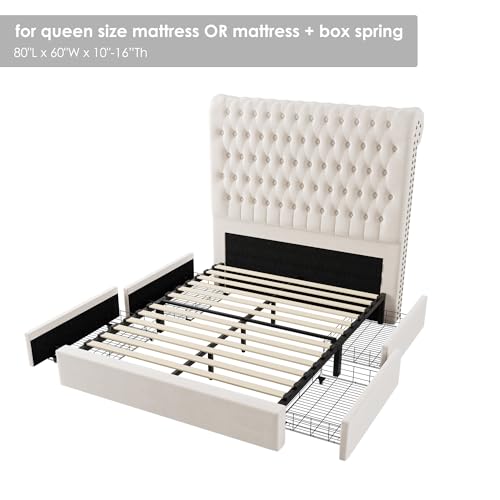 King Size Bed Frame 54" Tall Headboard with Gorgeous Button Tufted and Nail, Velvet Fabric Upholstered Bed Frame includes 4 Under-bed Storage Drawers
