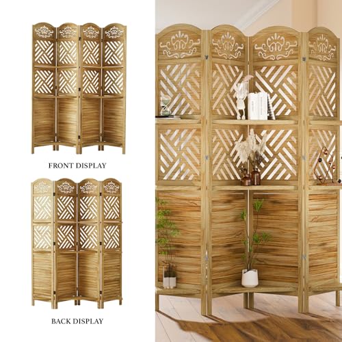 Room Divider with Shelves, 5.75ft Tall Folding Wood Carved Screen with Double Hinges for Home Office Bedroom Hotel Decoration (6 Panels, Natural)