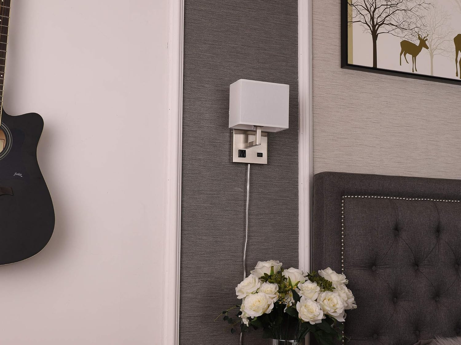 Postmodern Bedside Wall Mount Light with AC Outlet and Switch,Plug in Cord Hardwire,Brush Nickel,White Fabric Shade