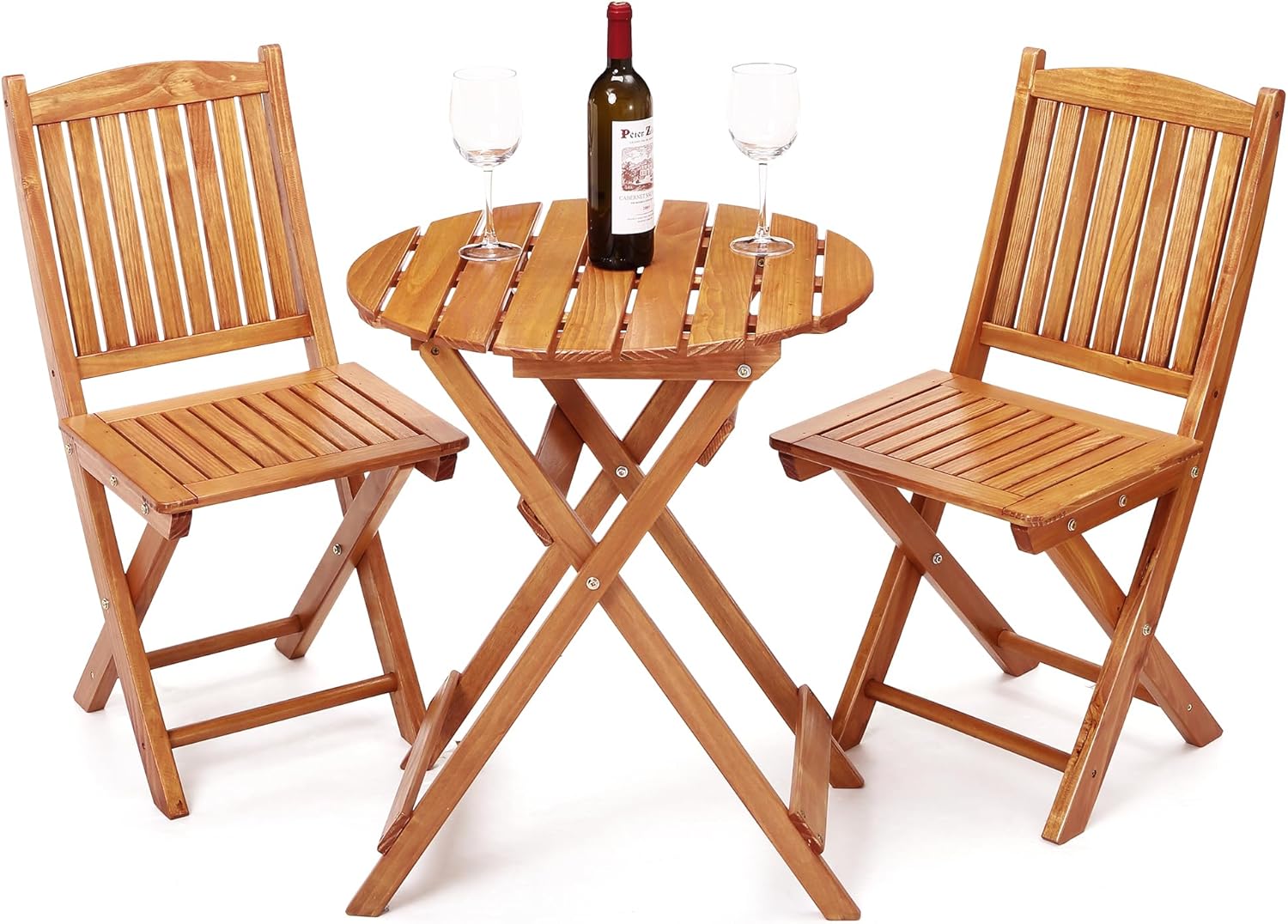 3Pcs Patio Bistro Set, Wood Folding Table Set, Outdoor Furniture Round Table for Garden Yard