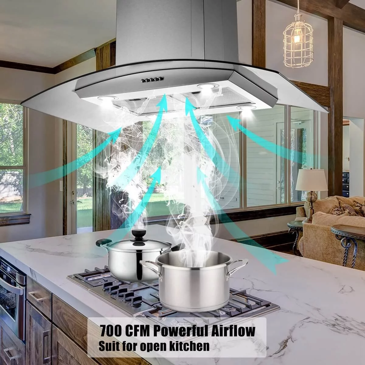Tieasy Island Range Hood 36 inch Kitchen 3 Speed Extractor Fan Aluminum Filter Tempered Glass
