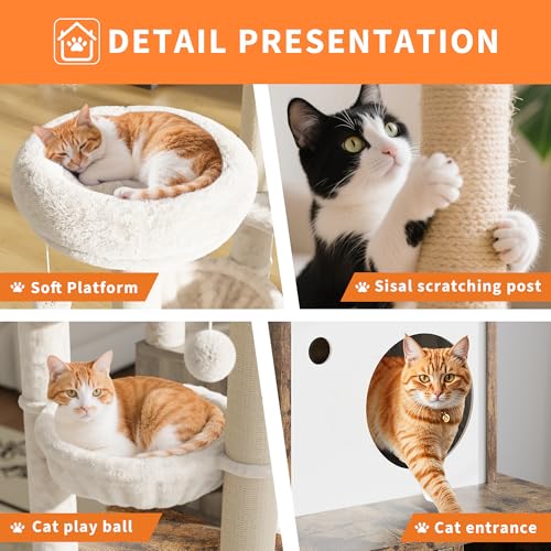 Litter Box Enclosure with Cat Tree Tower and Condo,Hidden Pet Washroom Furniture with Sisal Scratching Post,Hammocks,Condo,Multiple Platform