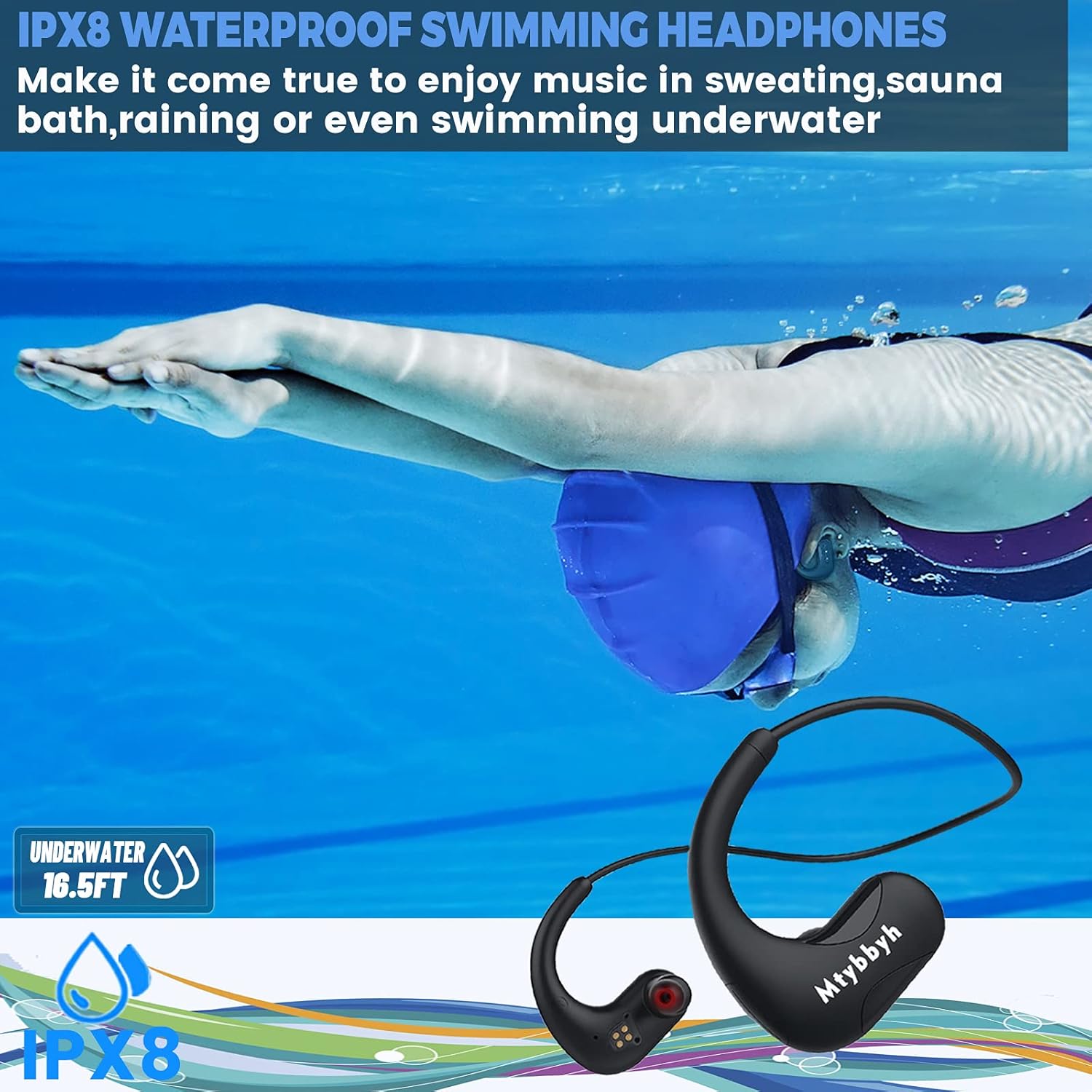 Waterproof Headphones for Swimming,IPX8 Waterproof 8GB MP3 Player Wireless Bluetooth Swimming Headphones with Noise Cancelling Mic for Swimming