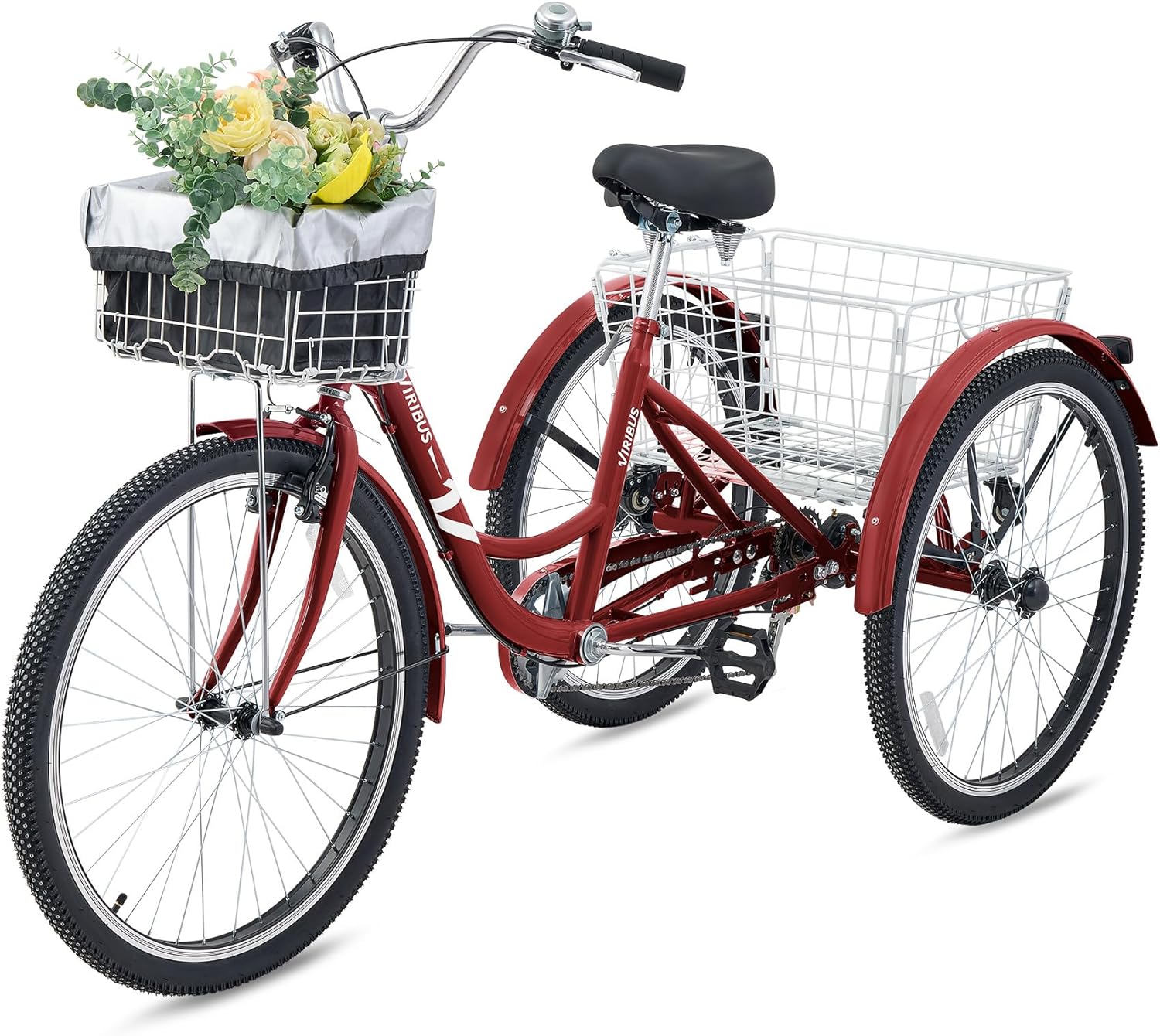 Viribus Adult Tricycle, 7 Speed Tricycle for Adults with Front & Rear Removable Wheeled Baskets, 3 Wheel Bikes for Adults 24 or 26 in