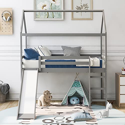 Merax Twin Over Twin House Bunk Bed Frames with Slide and Storage Staircase, No Box Spring Needed, White