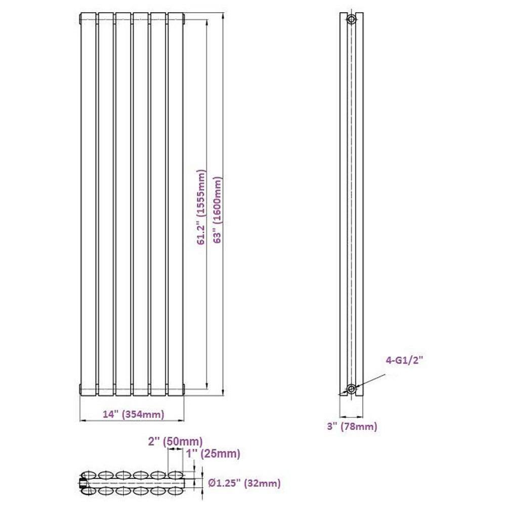New Hudson Reed Double Panel Anthracite Vertical Designer Hydronic Radiator Warmer 63 Inches x 14 Inches with Minimalist Angled