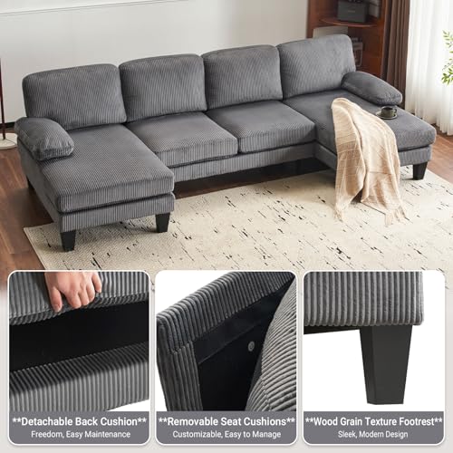 VINGLI 110" Sectional Couches for Living Room,U Shaped Couch with Double Chaise, 4-Seat Sofa Set with Chenille Fabric for Home Furniture,Forest Green