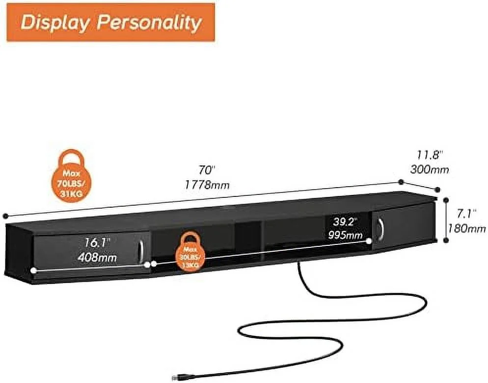RUNFAYBIU Floating TV Stand Wall Mounted  with Colorful LED Lights  Wood Media Console Entertainment Center Under TV  Cabinet Hutch Desk  for Home