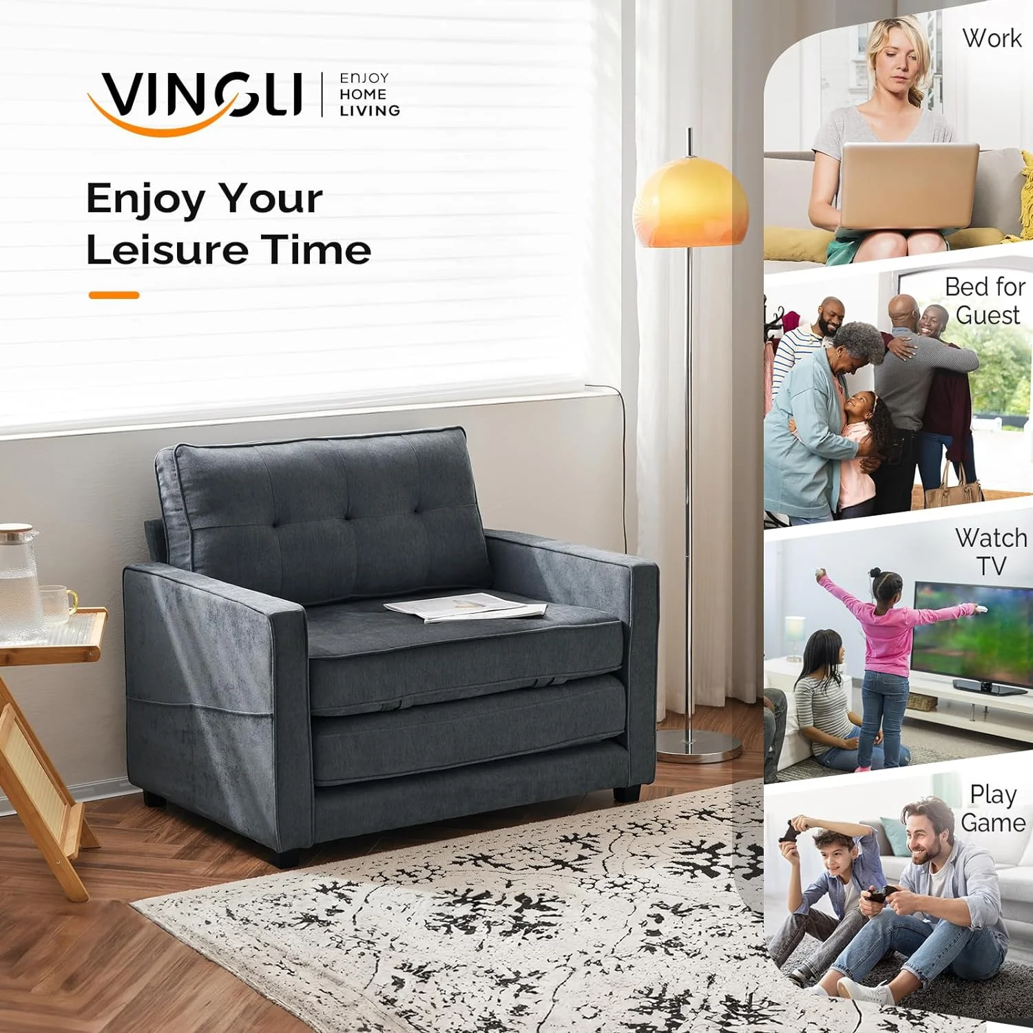 VINGLI Upgraded 64" W 84" L Full Size Futon Sofa Bed, 6" Thick Upholstery Chenille Loveseat Sofa Sleeper Pull Out Couch