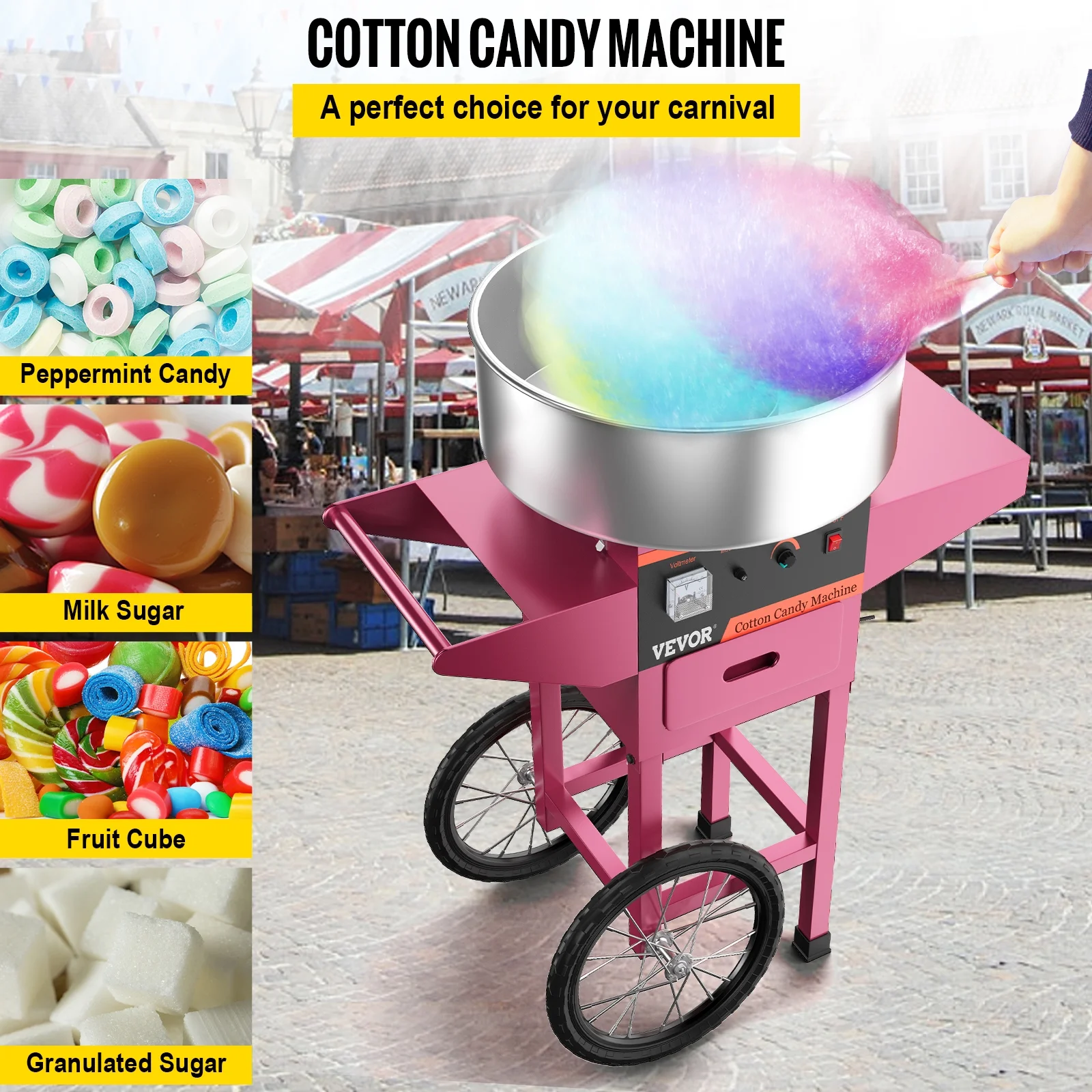 VEVOR 21" Commercial Cotton Candy Machine with Cart Pink Stainless Steel Electric Candy Floss Maker with Cart Perfect for Various Parties