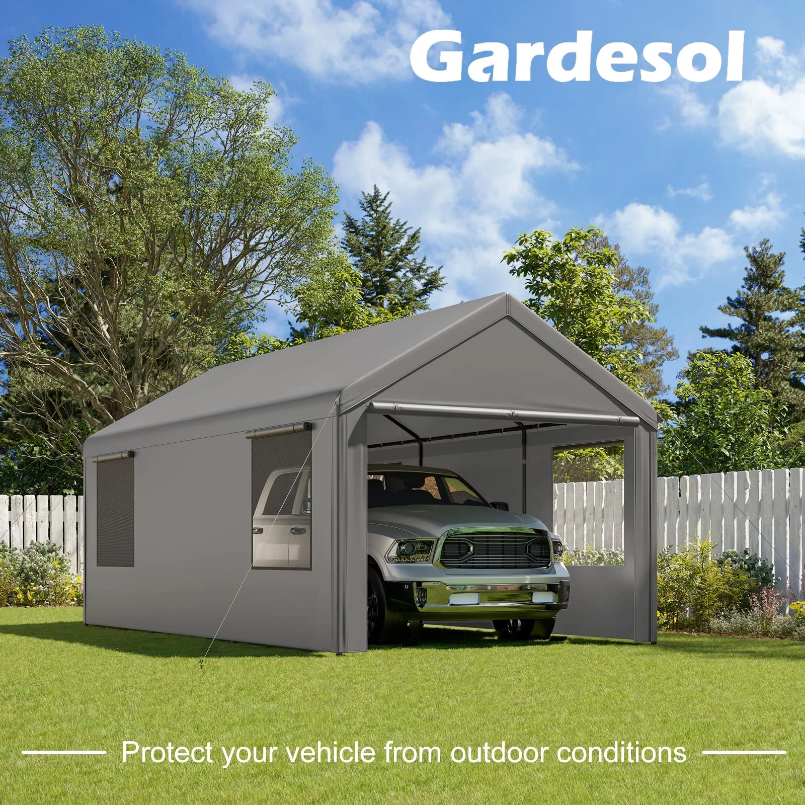 Gardesol Carport, 12'x20' Extra Large Heavy Duty Carport with Removable Sidewalls & Doors, Portable Garage Car Canopy for Car, Truck, SUV, Beige
