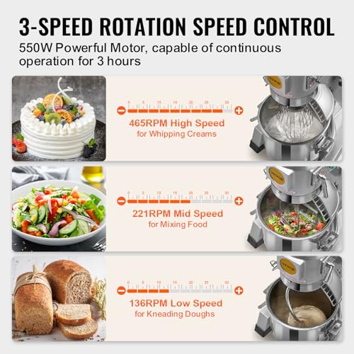 VEVOR Commercial Mixer, Commercial Food Mixer 10Qt Stainless Steel Bowl, 450W Commercial Stand Mixer with 3 Speeds Adjustable