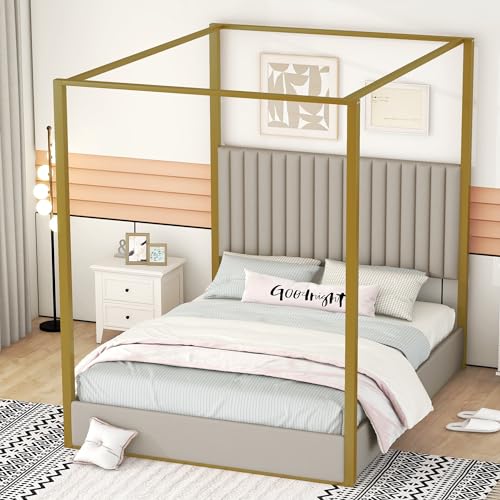 SOFTSEA Upholstery Canopy Platform Bed with Headboard and Metal Frame, Queen Size 4-Poster Canopy Floor Bed Frame for Kids Teens Bedroom