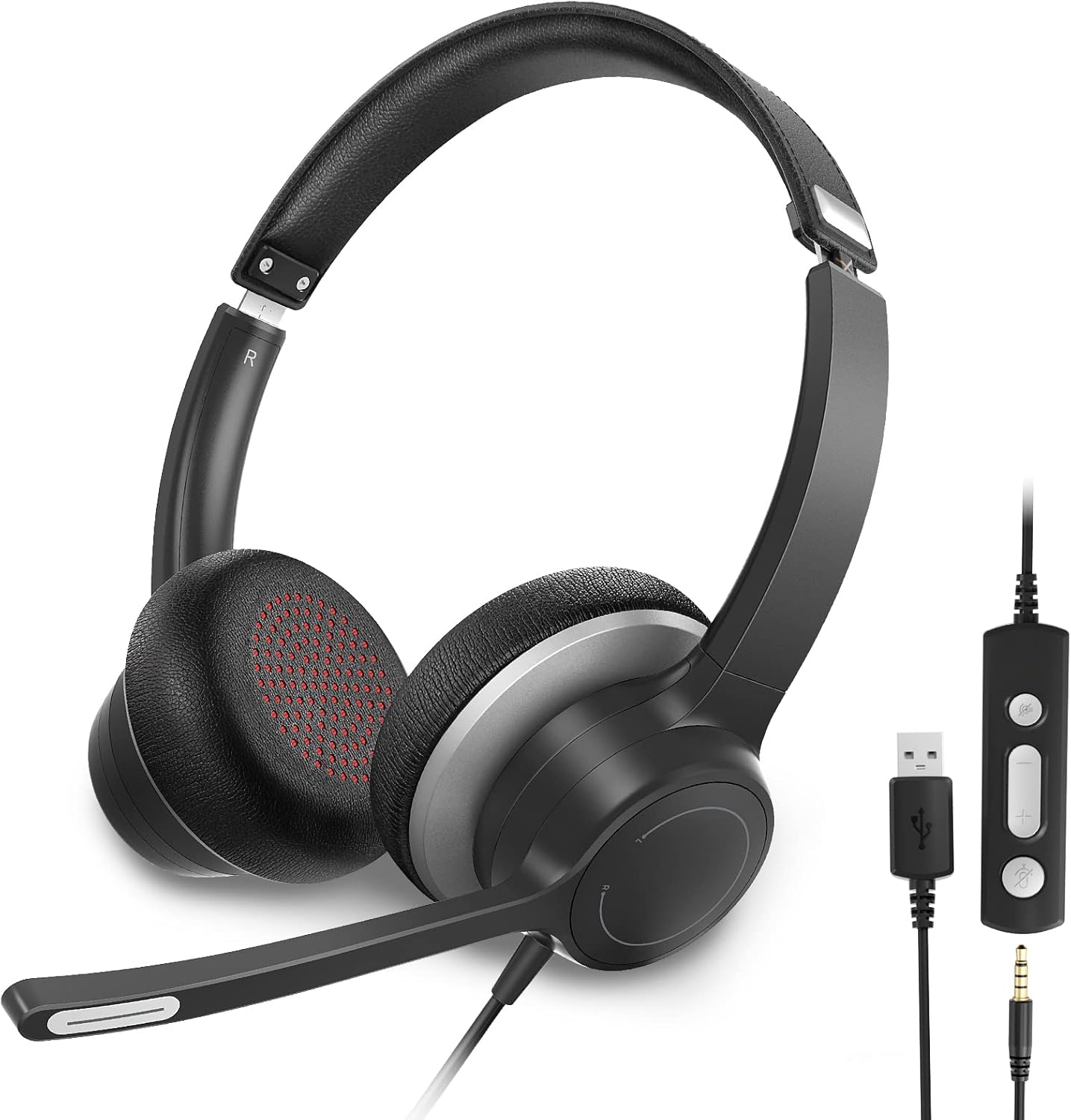 USB Headset with Microphone Noise Cancelling & in-Line Controls, Comfortable Wired Computer Headphones for Phone/PC/Mac/Laptop, Rotatable Microphone