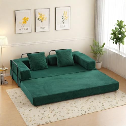 Compression Floor Sofa Bed, Convertible Foldable Sofa with Support Backrest and Armrest, Corduroy Fabric Modular Sectional Couch with 2 Pillows