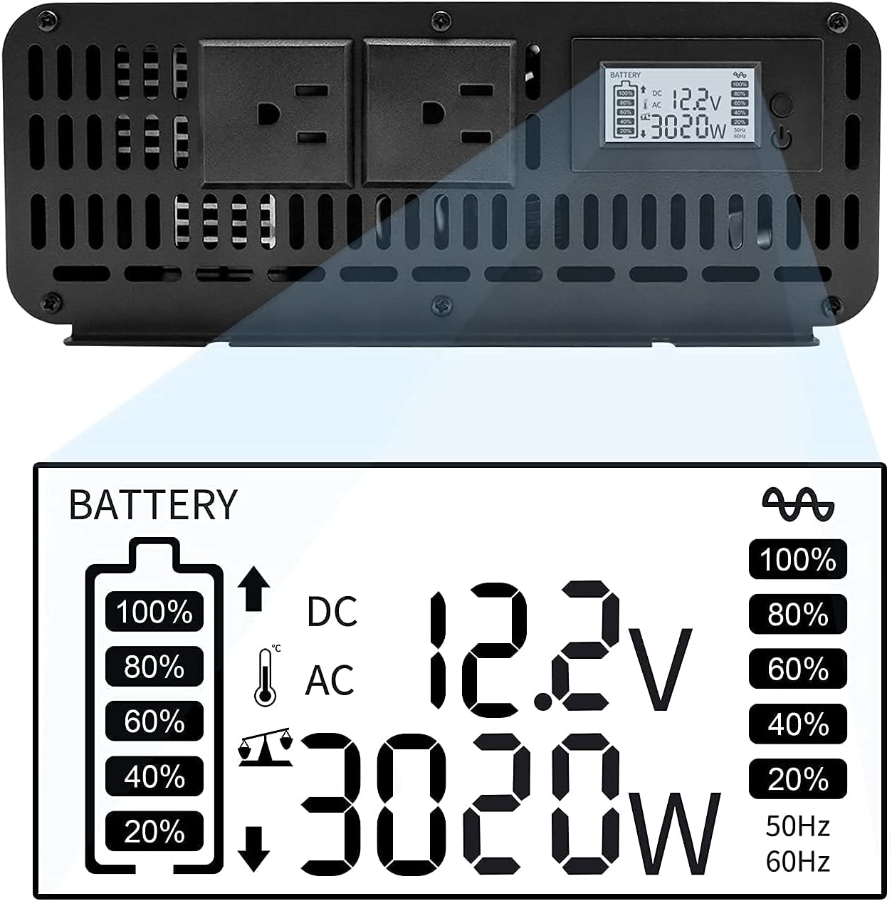 DATOUBOSS 3000W Power Inverter 6000W Peak Pure Sine Wave Inverter 12V DC to 110V AC with Dual AC Outlets & LED Display Car Converter(3000W 12-110V)