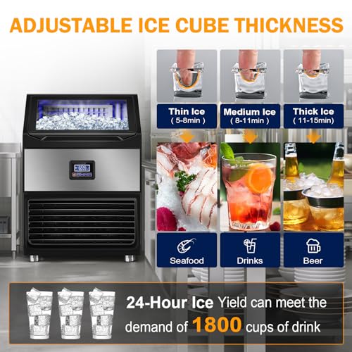 Clear ice Cube Maker, Commercial Ice Maker Machine, Stainless Steel Freestanding Ice Machine Automatic Operation