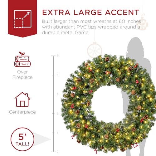 Best Choice Products 60in Large Artificial Pre-Lit Fir Christmas Wreath Holiday Accent Decoration w/ 300 LED Lights, 930 PVC Tips