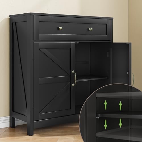 Farmhouse Storage Cabinet with 2 Doors, White Kitchen Cabinet with Walnut Countertop, Freestanding Floor Storage Cabinets Hutch Cupboard