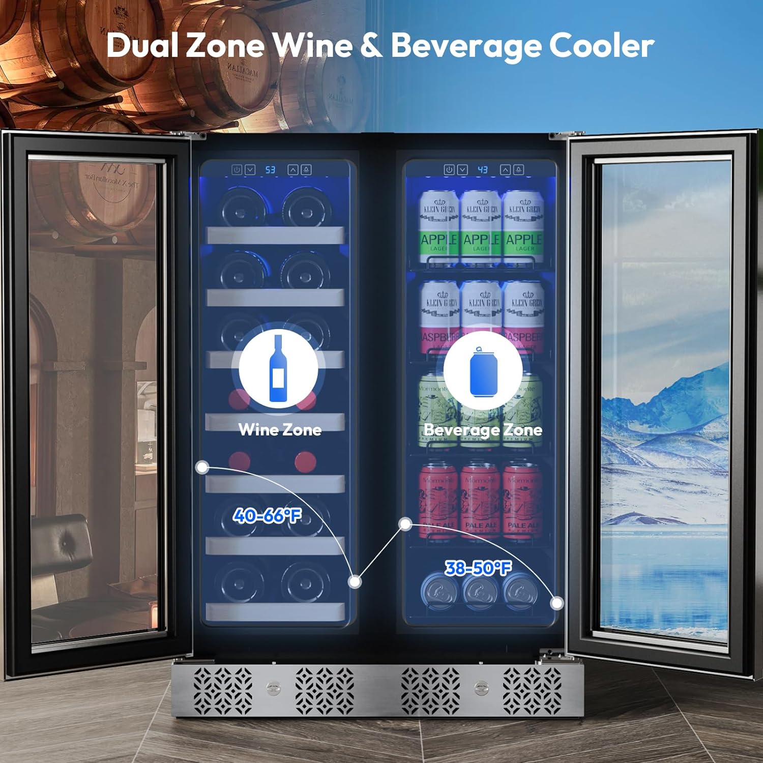 Empava Wine and Beverage Refrigerator Cooler Dual Zone 24 inch, Built-in Counter or Freestanding Fridge with Glass Door and LED Light
