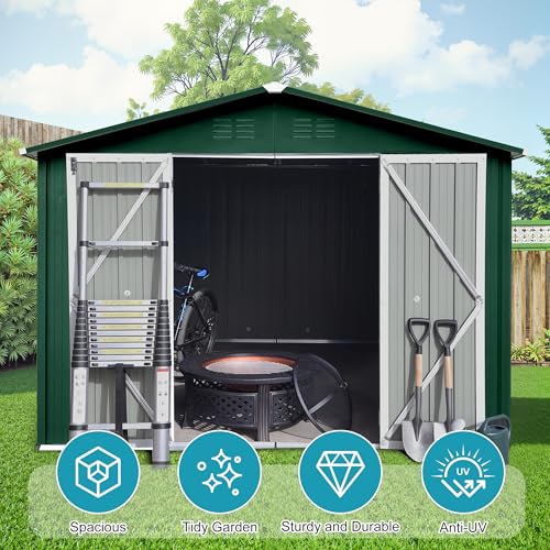 8x6 FT Outdoor Storage Shed, Metal Tool Shed with Lockable Doors, Peaked Roof & Frame Floor