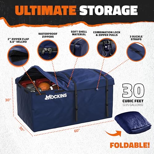 Mockins 60"x30"x6" Navy Folding Cargo Hitch Carrier & 30 CuFt Trailer Hitch Cargo Carrier Bag | 500Lbs Cap Folding Luggage Rack with Waterproof
