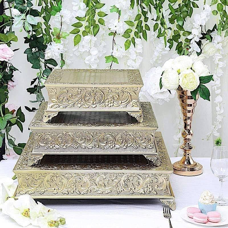 18x18 in Wide Gold Square Embossed Wedding Cake Stand Riser