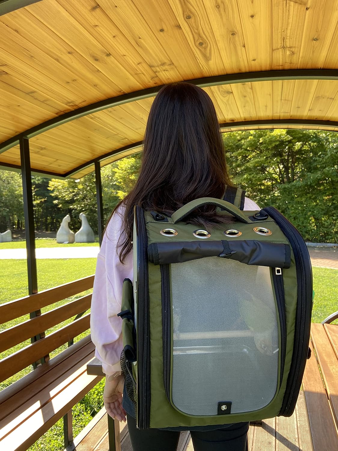 Birds Day Bird Carrier Backpack-Parrot Travel Cage with Perch and Feeding Cup, Stainless Steel Tray (Dark Olive Green)