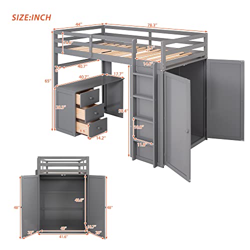 Harper & Bright Designs Full Size Loft Bed with Desk and Wardrobe, Solid Wood Loft Bed Frame with Storage Drawers, for Kids Teens Adults (White)