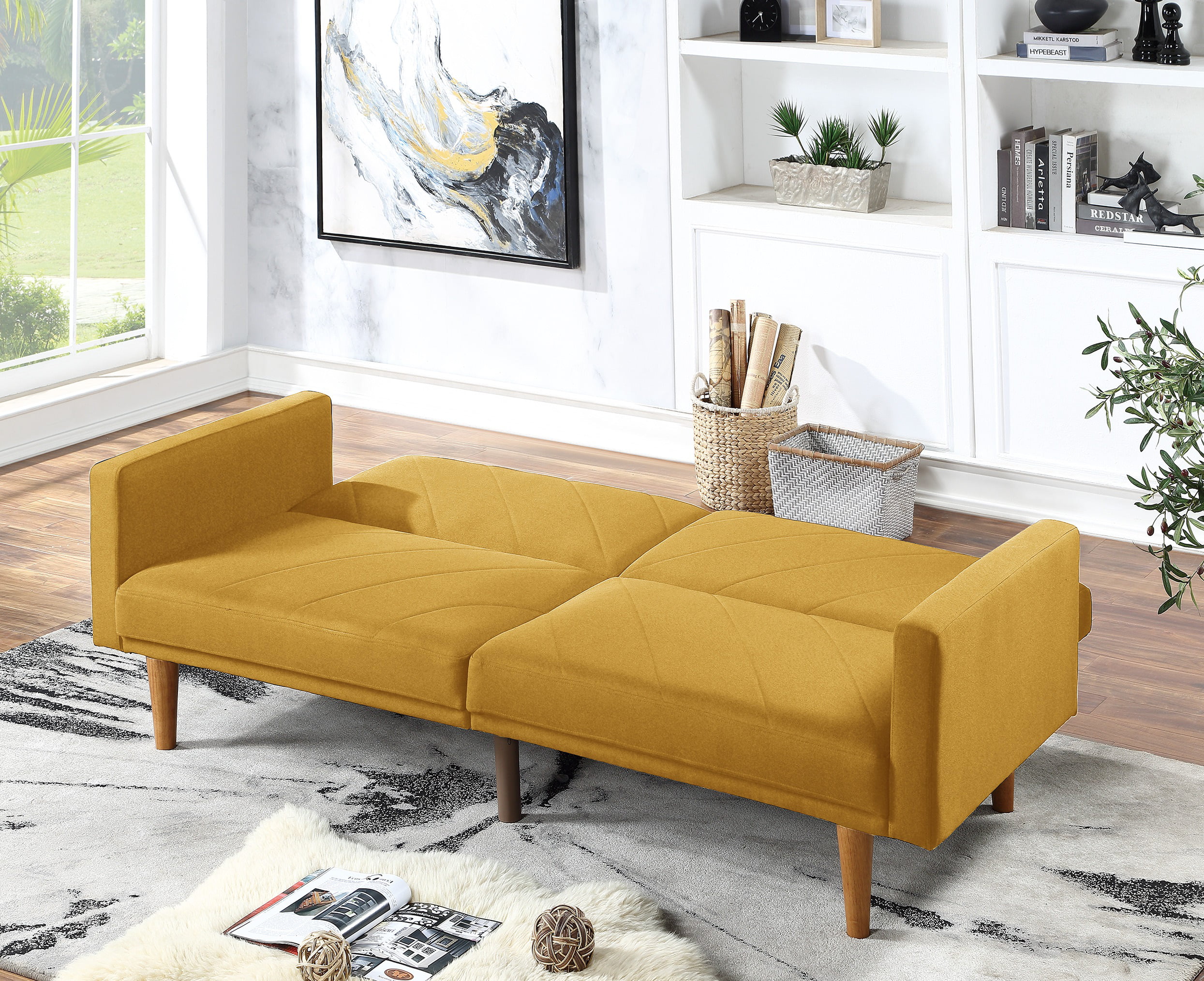 Modern Electric 1pc Convertible Sofa Couch Mustard Color Linen Like Fabric Cushion Clean Lines Wooden Legs Living Room
