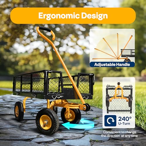 VIVOHOME Heavy Duty 880 Lbs Capacity Mesh Steel Garden Cart Folding Utility Wagon with Removable Sides and 4.10/3.50-4" Wheels 10 inch Tire (Black)